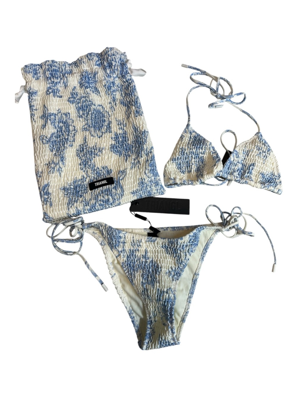 TRIANGL Blue/White Floral Smocked Triangle Halter Bikini Size Small NWT